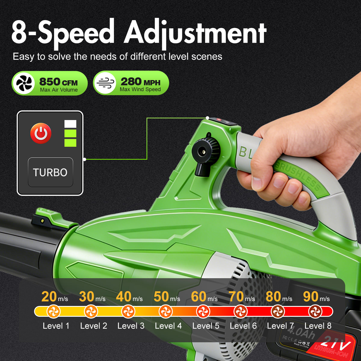 Cordless Leaf Blower, 200 MPH 850 CFM Electric Blower with 8 Speeds, 2¡Á4.0AH Batteries and Charger, Lightweight for Yard, Patio and Dust Cleaning