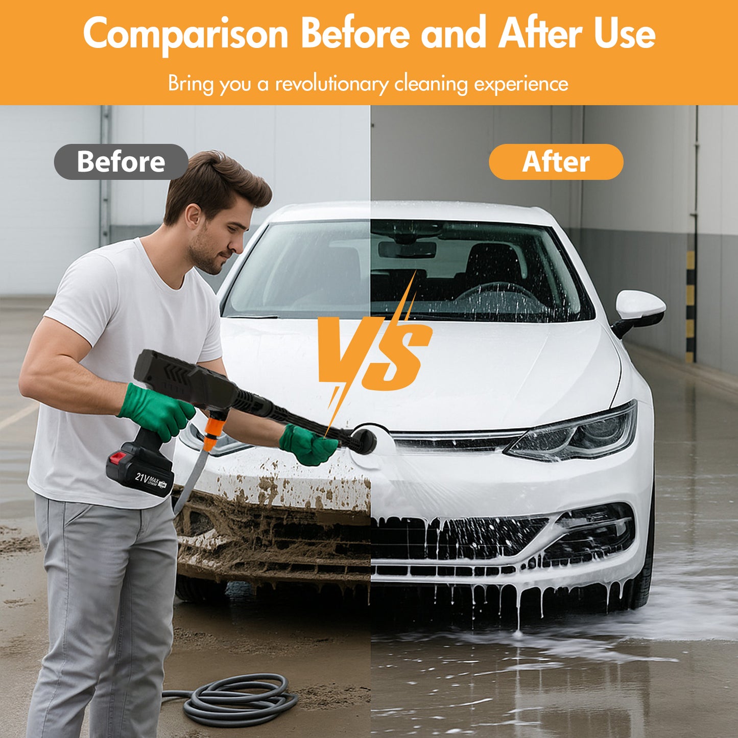 21V 6 In 1 Nozzles Car Power Cleaner Machine, 3200RPM,500PSI, Portable High Pressure Car Wash, Cordless Pressure Washer with 2 Rechargeable Batteries, 32.8FT Water Pipe