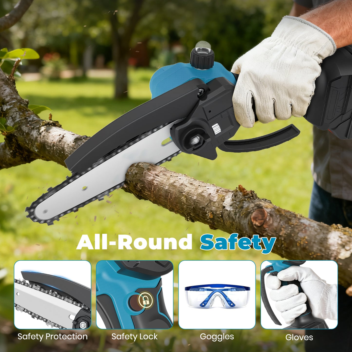 Mini Chainsaw Cordless, 6 inch & 4 inch Portable Electric Chainsaw with 2 Rechargeable Batteries and 3 Chains, for Tree Trimming Wood Cutting, Best Gifts for Father, Dad, Husband, Men, Blue