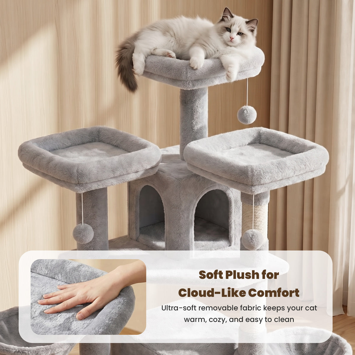 80" Cat Tree, Big Cat Tower for Multiple Adult Cats, Multi-Level Tall Cat Tree with 3 Platforms, 2 Condos, 2 Hanging Basket, Hammock and Scratching Frame for Indoor Kitties, Light Gray