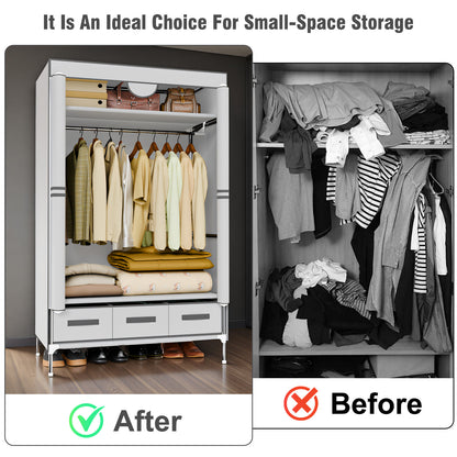 Portable Closet Wardrobe with 3 Storage Drawersfor Home Bedroom, 67 Inches Tall Closet Organizer with Hanging Space for Coats and Bags, turdy & Easy to Assemble, Off-White