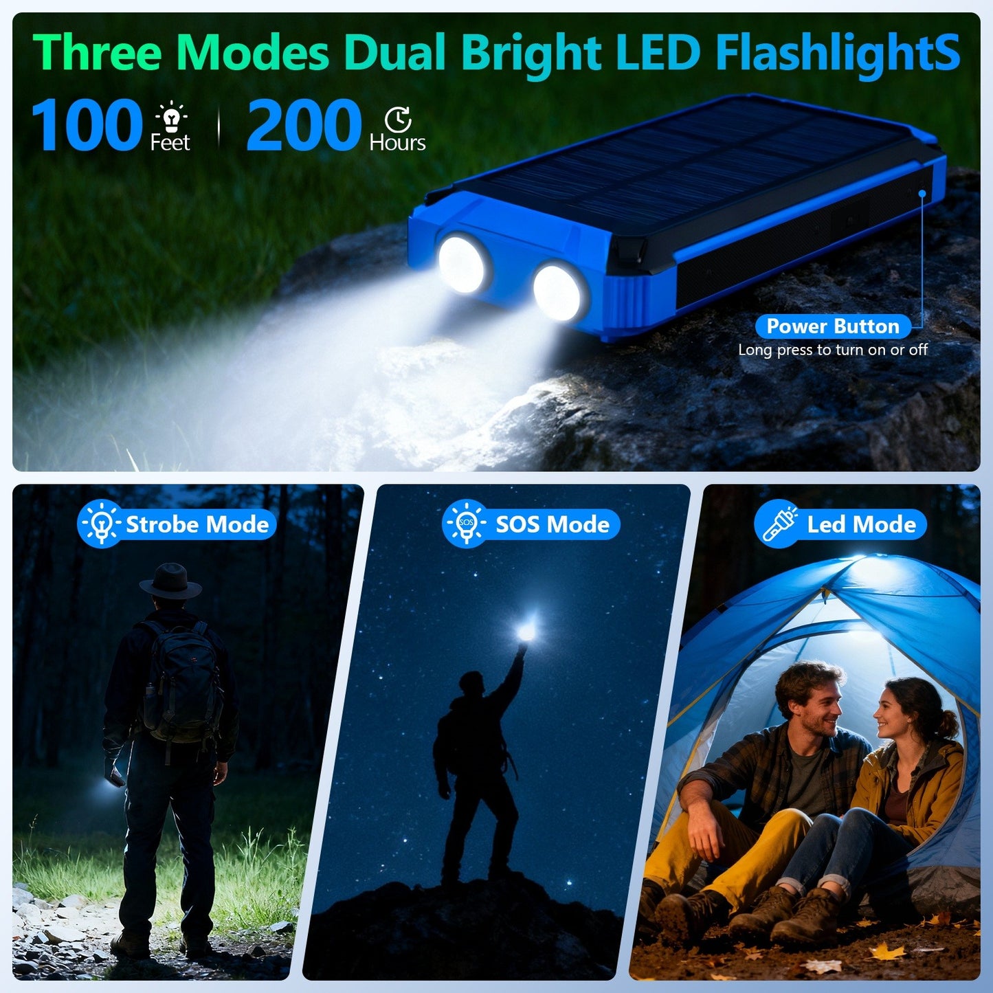2PK Power Bank Wireless Charger 46800mAh Built in 4 Cables Six Outputs 15W Fast Charging Power Bank for All Mobile Devices Three Inputs Solar Portable Charger with Dual Flashlights, Carabiner(Blue)