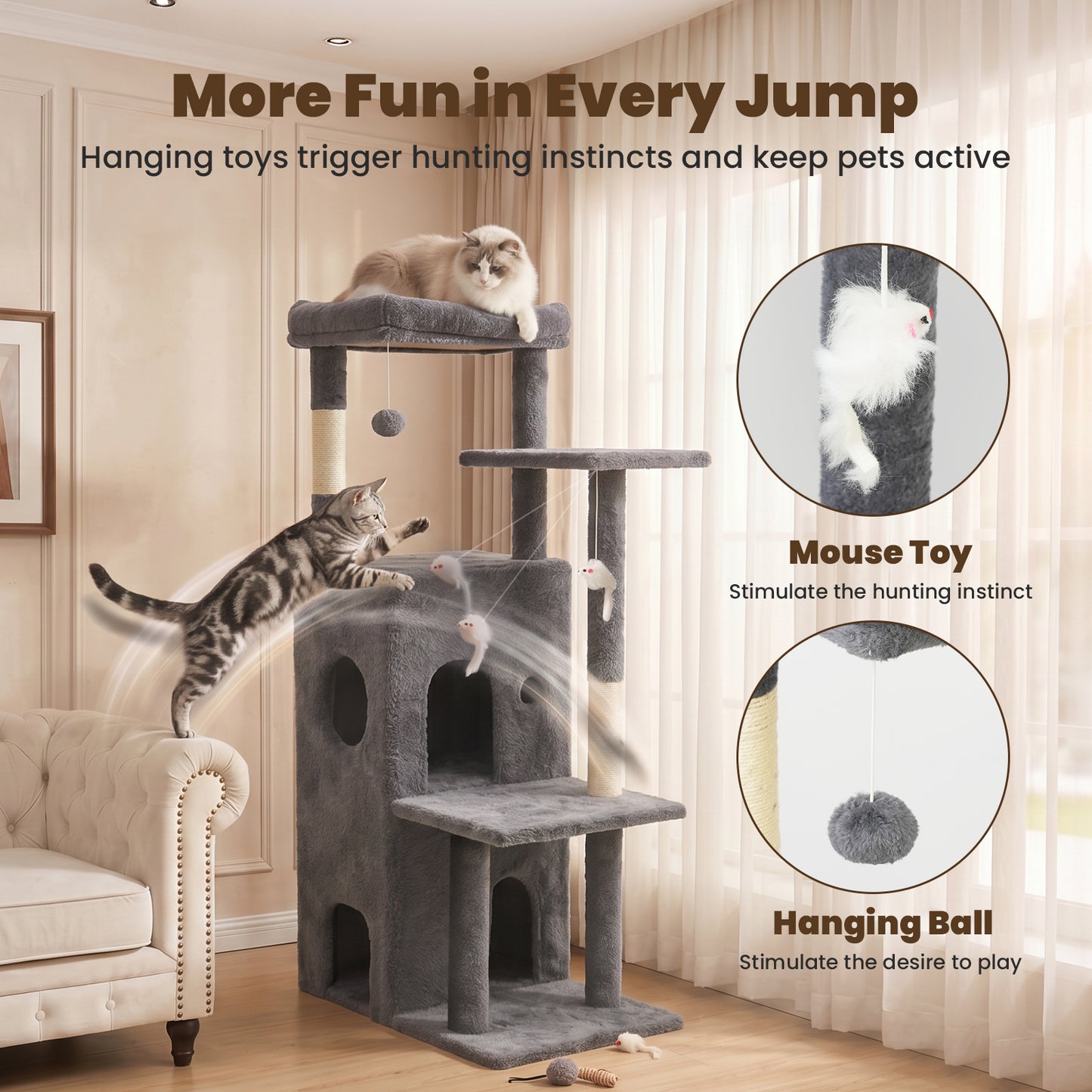 50-inch Cat Tree for Large Cats - Tall Cat Tree Tower with Sisal Scratching Posts & Dangling Toys for Indoor Cats , Dark Gray