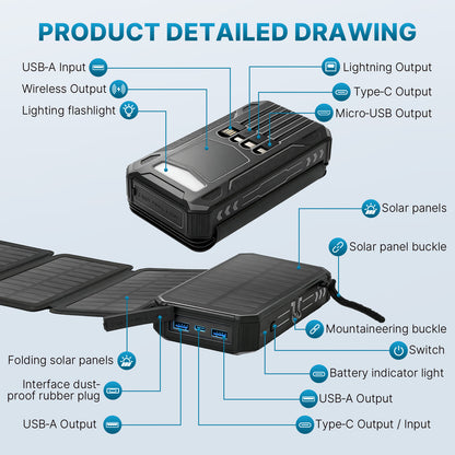Solar Power Bank 46800mAh, PD15W Fast Charging Solar Charger with 4 Built-in Cables & Wireless Charging, Portable Solar Charger for Cell Phone, Solar Battery Pack for Camping (Black)