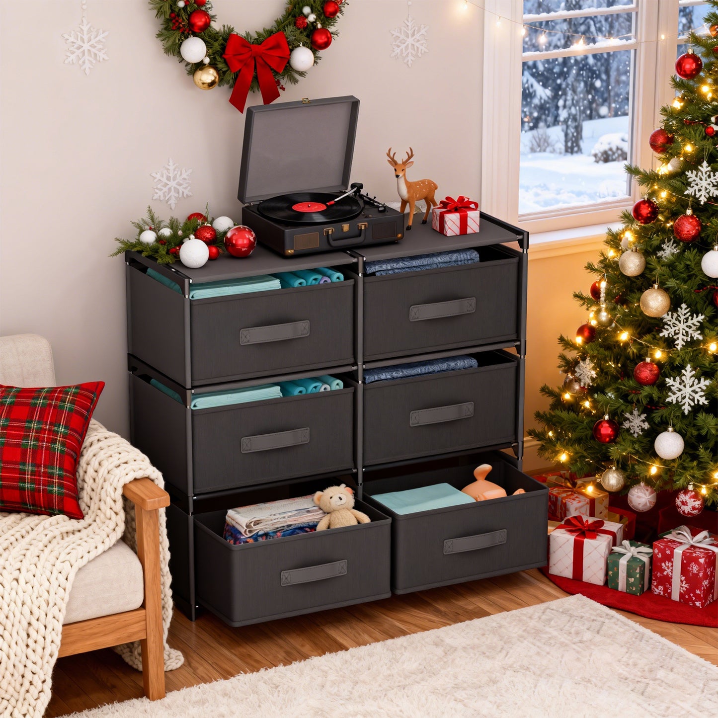 BAOKALER Double Row Non-Woven Fabric Dresser with 6 Drawers, Clothes Drawer Dresser for Bedroom, Hallway, Entryway, Closets, Sturdy Steel Frame, Wood Top, Black