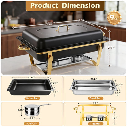 CATGOOD 9QT Black Gold Chafing Dish Buffet Set 2 Pack, Stainless Steel Chafing Dishes for Buffet, Buffet Warmer with Scratch-Resistant Coating, Food Warmers for Parties, Buffet Restaurants