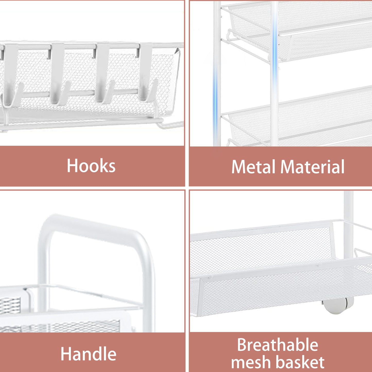 3 Tier Rolling Cart on Wheels, Rustproof Metal Cart with Lockable Wheels, Kitchen Rolling Shelf, Mesh Storage Basket for Living Room, Bathroom, Kitchen, Office, White