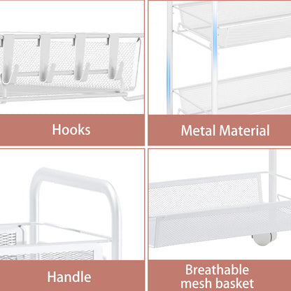CATGOOD 3 Tier Rolling Cart on Wheels, Multifunctional Mesh Utility Cart with 4 Side Hooks for Home Bathroom Kitchen Office Living Room, White