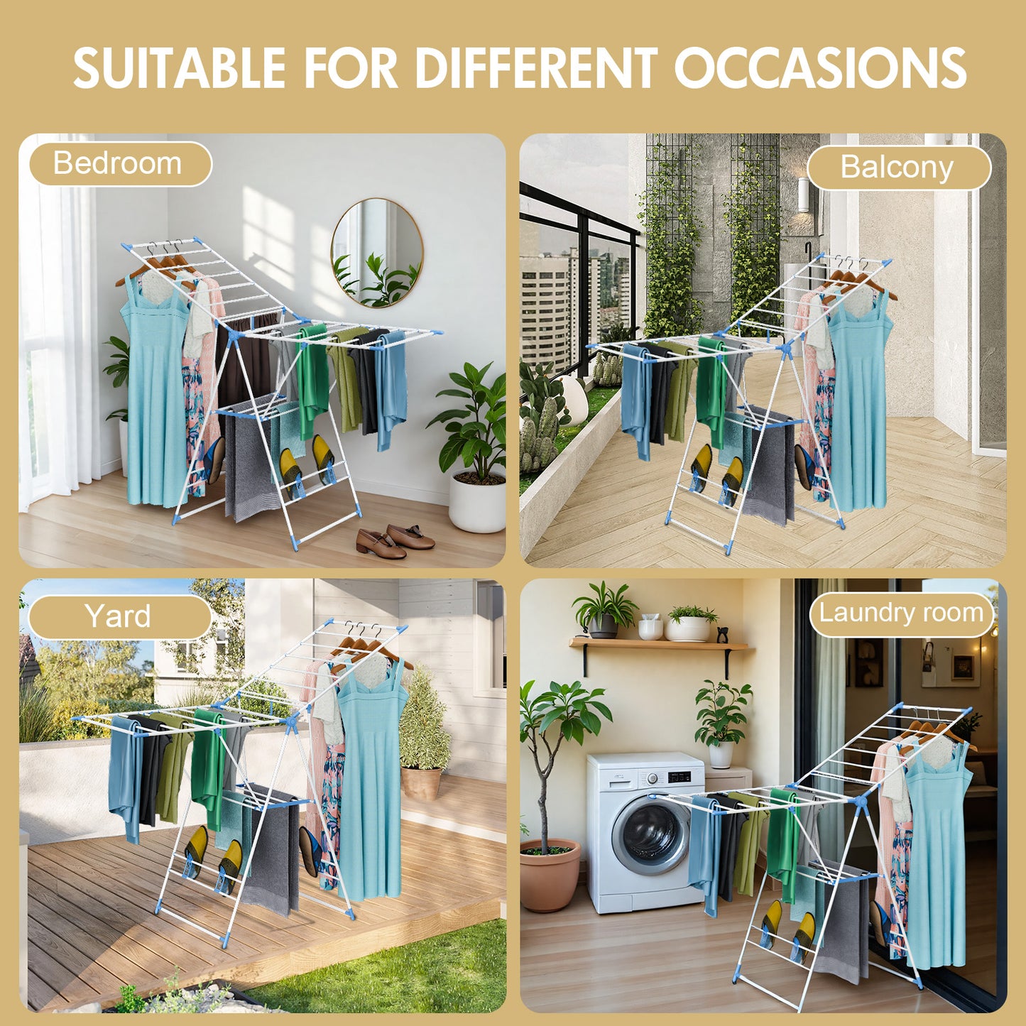 Clothes Drying Rack, 2 Level Foldable Laundry Rack, Rustproof Laundry Clothing Drying Hanger with Height-Adjustable Wings, Space Saving Clothes Garment Dryer, Blue