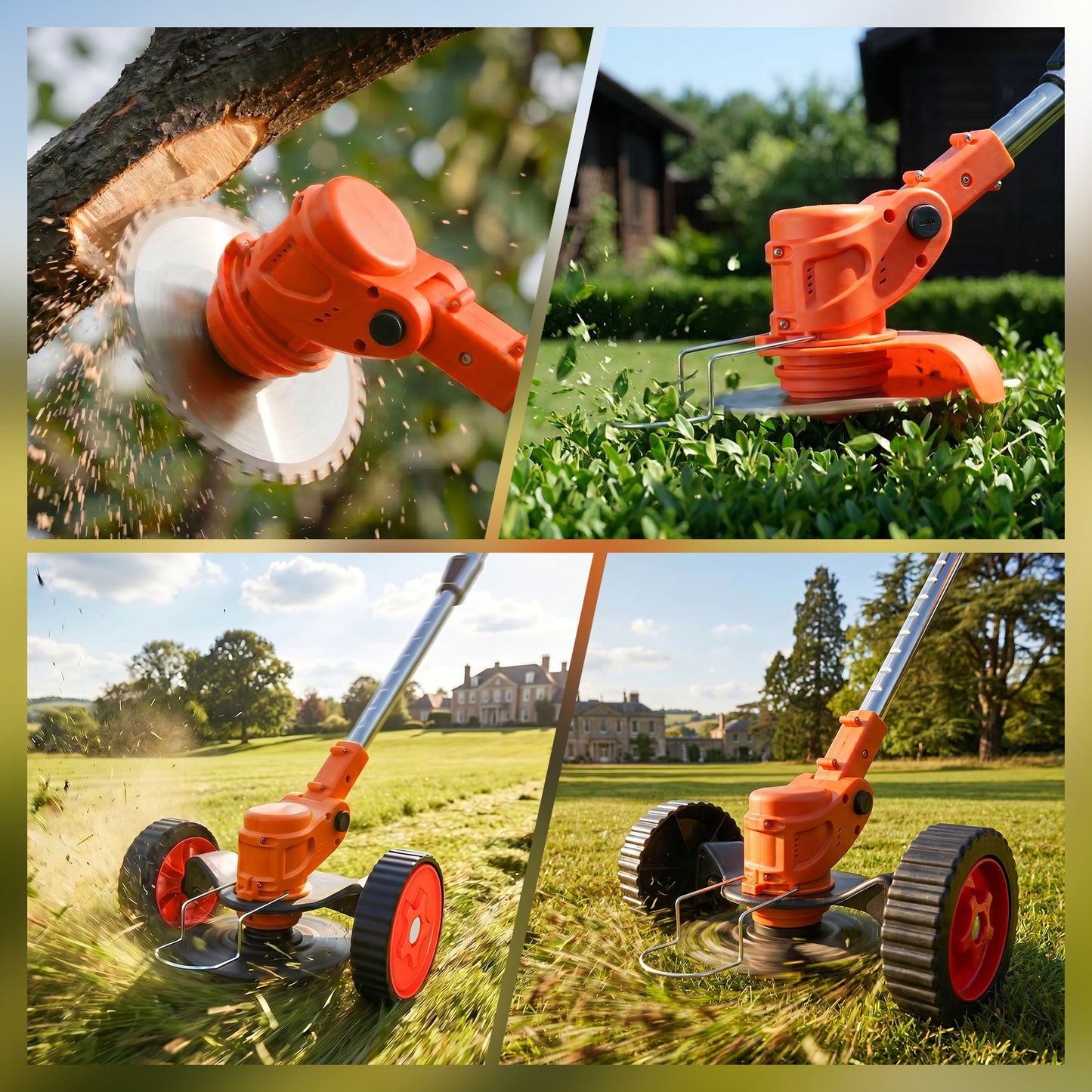 Weed Eaters, Cordless Weed Trimmer with Wheels, 2Pcs 4000mAh Batteries, Adjustable Length, 650W Grass Trimmer/Edger/Brush Cutter for Lawn Yard Garden Maintaining (Orange)