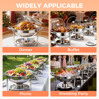 Chafing Dish Buffet Set, 5 Qt 4 Pack, Stainless Steel Chafer with 4 Full Size Pan, Round Catering Warmer Server with Glass Lid Water Pan Folding Stand Fuel Holder, for Wedding Party Banquet