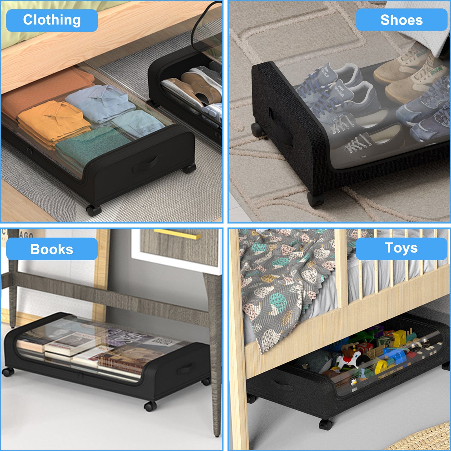 Under Bed Storage with Wheels, 2 Pack Under Bed Storage Containers, Under Bed Shoe Storage Organizer, Rolling Under Bed Metal Drawer for Clothes, Black