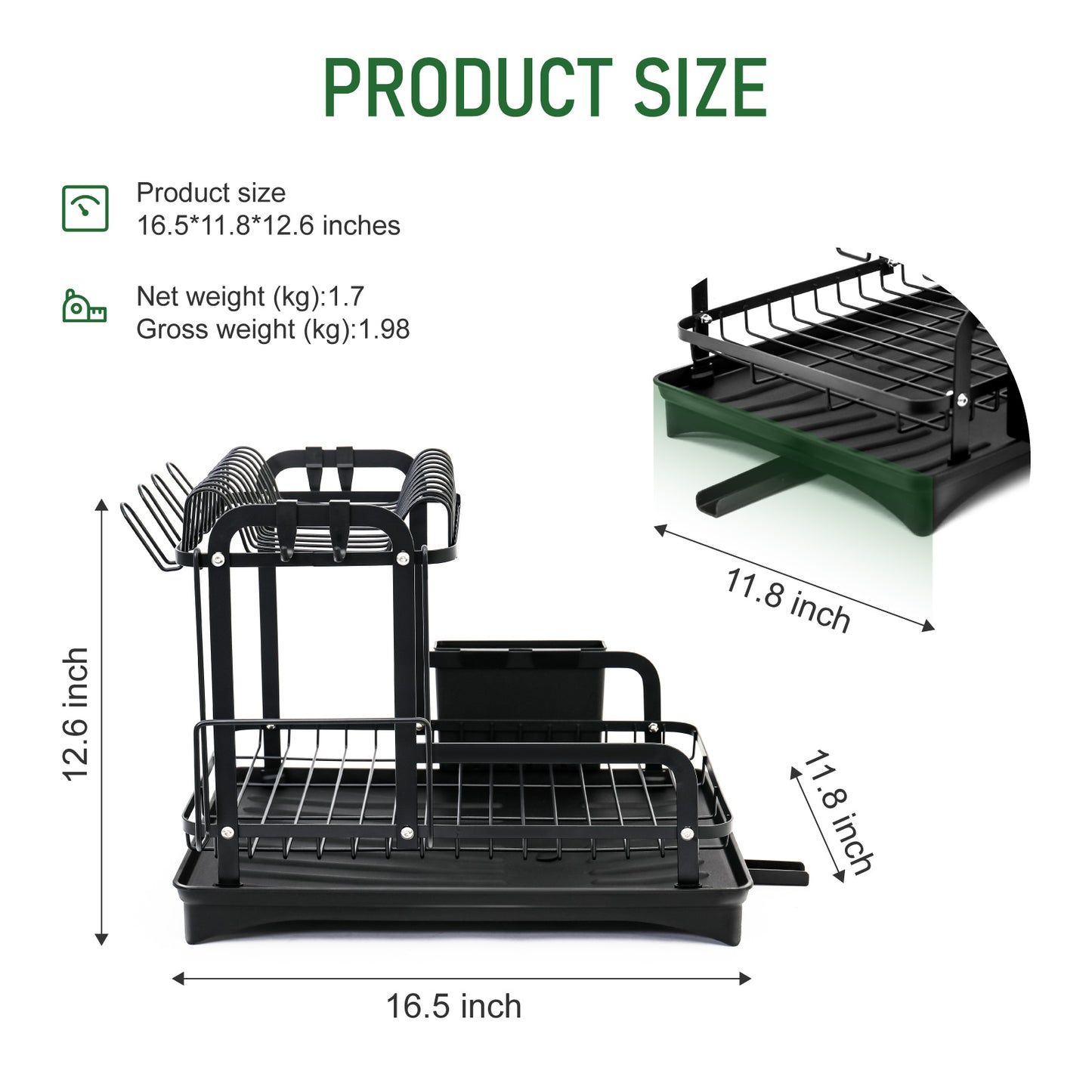 2-Tier Dish Rack for Kitchen, Dish Drying Rack with Drain Board Tray, Compact Dishing Rack with Utensil Holder, Cutting Board Holder, Kitchen Dishes Storage and Organizers