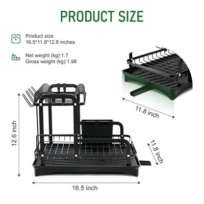 2-Tier Dish Rack for Kitchen, Dish Drying Rack with Drain Board Tray, Compact Dishing Rack with Utensil Holder, Cutting Board Holder, Kitchen Dishes Storage and Organizers
