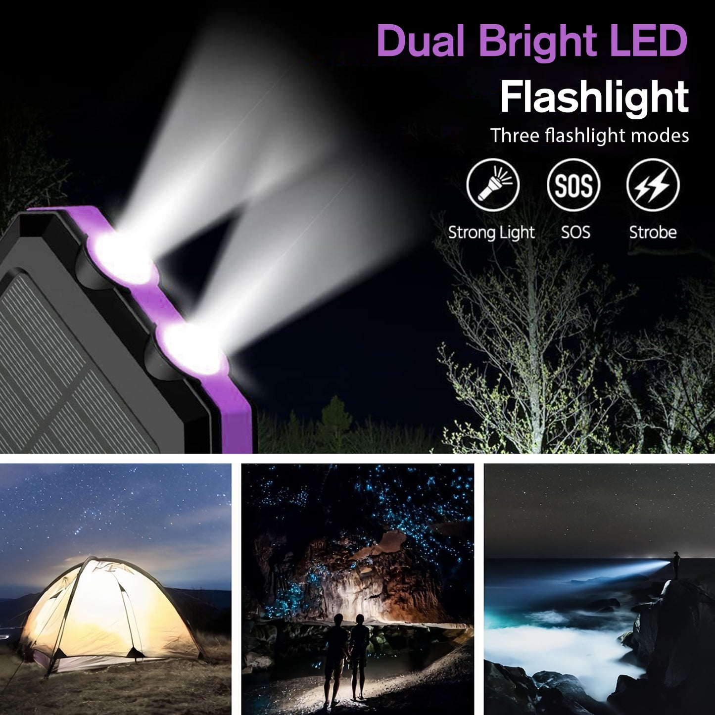 2PK BAKALER 30000mAh Solar Charger for Cell Phone iPhone, Portable Solar Power Bank with Dual 5V USB Ports, 2 Led Light Flashlight, Compass Battery Pack for Outdoor Camping Hiking(Purple)