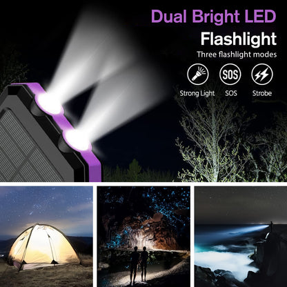 2PK BAKALER 30000mAh Solar Charger for Cell Phone iPhone, Portable Solar Power Bank with Dual 5V USB Ports, 2 Led Light Flashlight, Compass Battery Pack for Outdoor Camping Hiking(Purple)