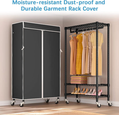 Rolling Garment Rack with Dust Cover, Heavy Duty Clothes Rack on Wheels, Freestanding Wardrobe Rack with 2-Tier Storage Shelf Hanging Rod Gray Cover, 35.4"x17"x72.4" Black Rack