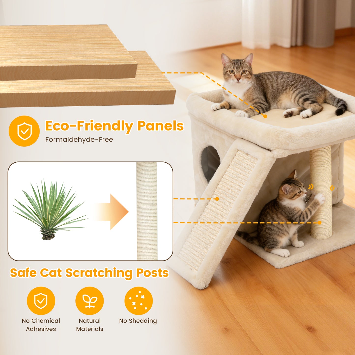 Cat Tree Tower with Perch Bed and Washable Top, Cat Tree with Sisal Scratching Posts, Condos, Plush Perches, Hanging Cat Toys, Extended Platform for Cats to Play and Sleep, Beige