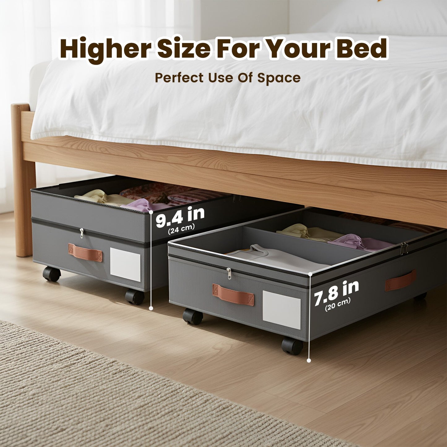 Under Bed Storage with Wheels, 2 Packs Large Underbed Organizer with Lid, 10'' Adjustable Height Shoes Containers Clothes Rolling Bin for Bedroom Dorm, Gray