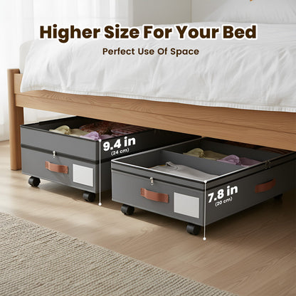 Under Bed Storage with Wheels, 2 Packs Large Underbed Organizer with Lid, 10'' Adjustable Height Shoes Containers Clothes Rolling Bin for Bedroom Dorm, Gray