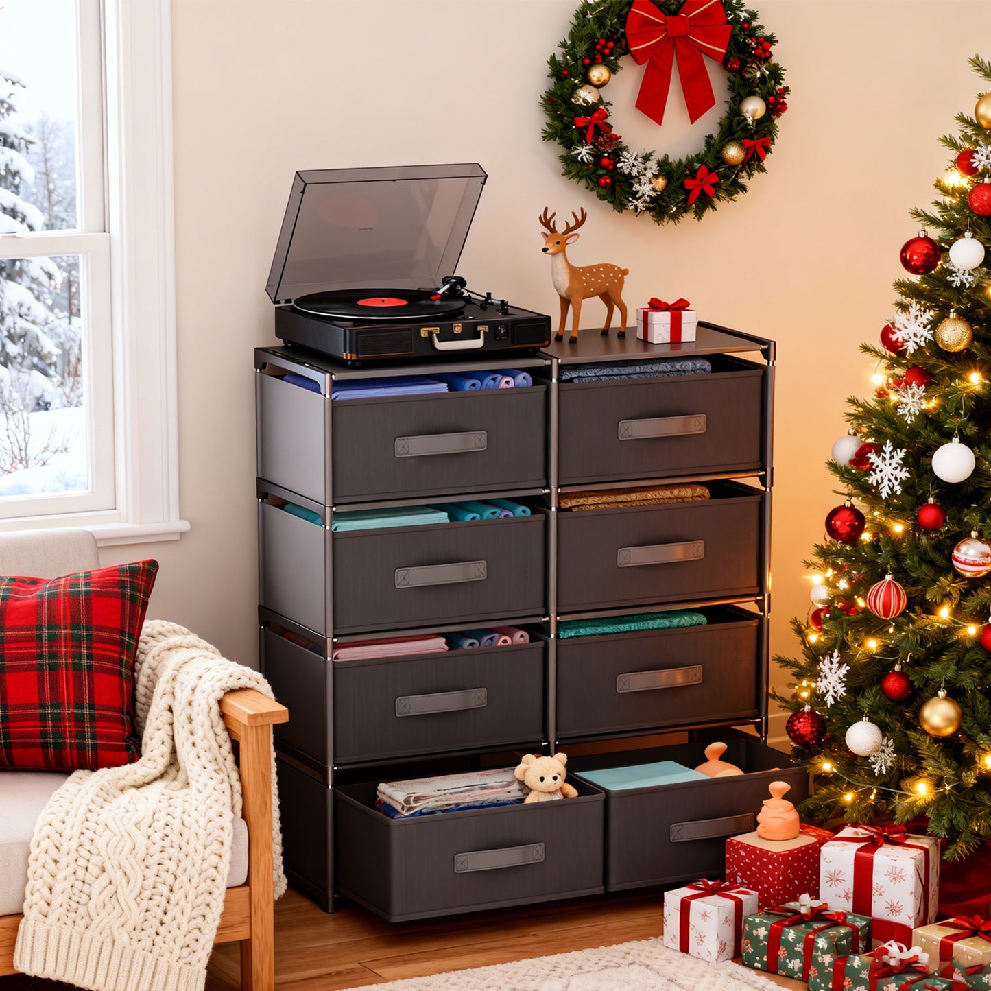 BAOKALER Double Row Non-Woven Fabric Dresser with 4 Drawers, Clothes Drawer Dresser for Bedroom, Hallway, Entryway, Closets, Sturdy Steel Frame, Wood Top, Black