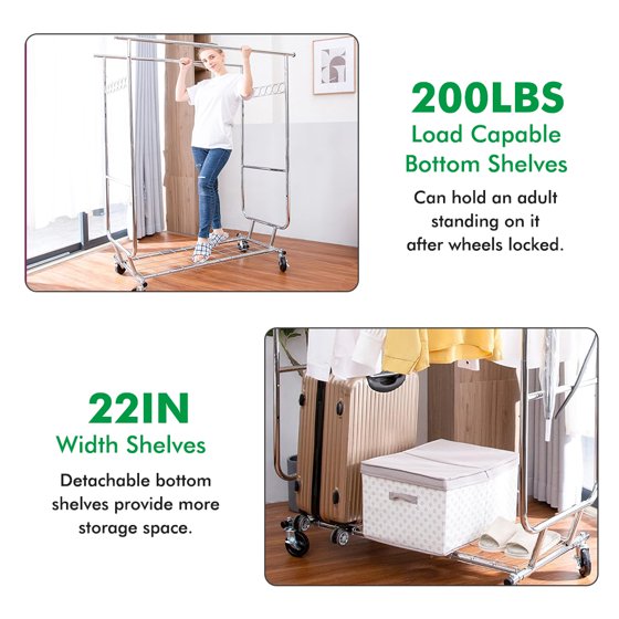 Baokaler 620 lbs Heavy Duty Garment Rack with Shelves Collapsible Clothing Racks on Wheels Rolling Clothes Rack for Hanging Clothes Portable Adjustable, Chrome Finish