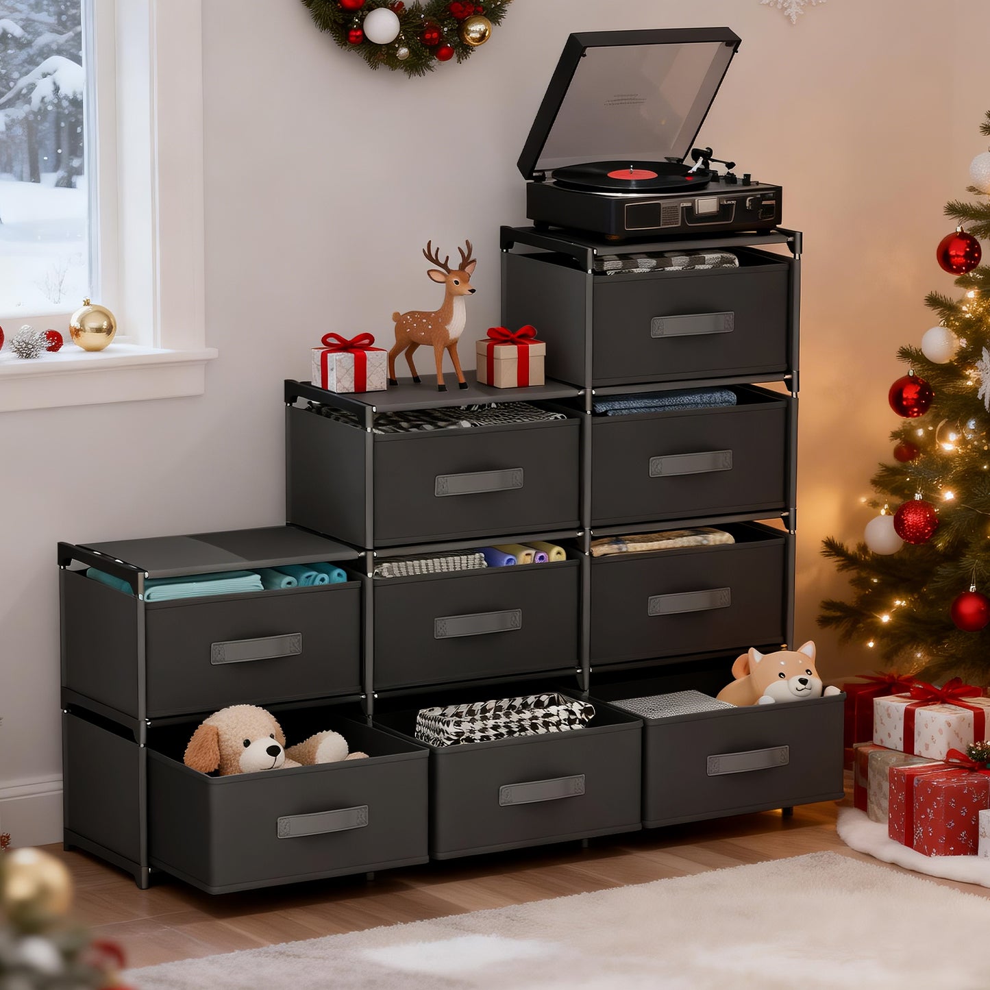 BAOKALER Non-Woven Fabric Multi-Functional Storage Cabinet, 9-Drawer Open Storage Shelf, 10.24×47.24×34.65 Inches, for Bedroom, Living Room, Hallway, Black