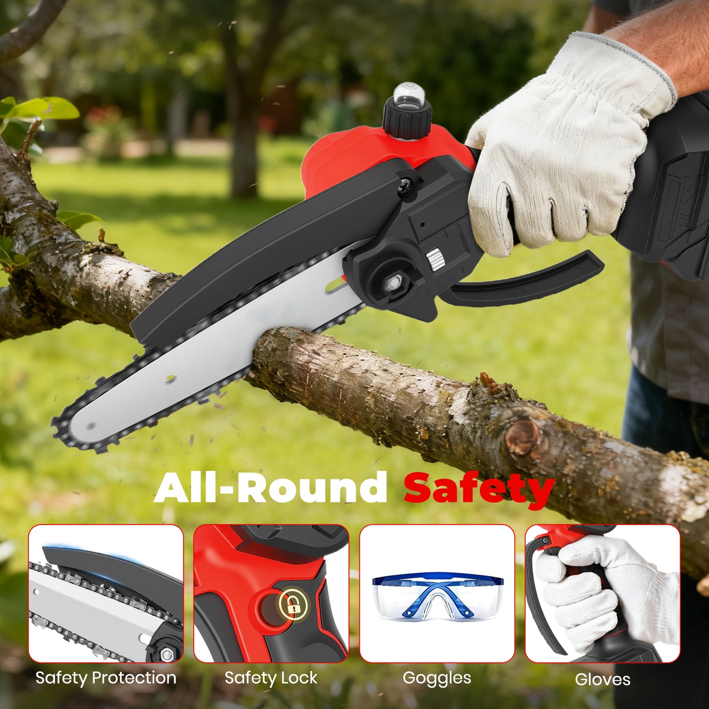 Mini Chainsaw Cordless, 6 inch & 4 inch Portable Electric Chainsaw with 2 Rechargeable Batteries and 3 Chains, for Tree Trimming Wood Cutting, Best Gifts for Father, Dad, Husband, Men, Red