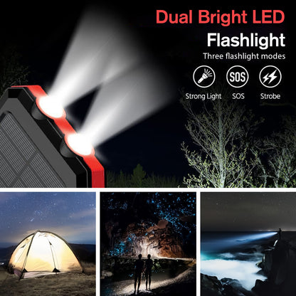 BAOKALER 30000mAh Solar Charger for Cell Phone iPhone, Portable Solar Power Bank with Dual 5V USB Ports, 2 Led Light Flashlight, Compass Battery Pack for Outdoor Camping Hiking(Red)