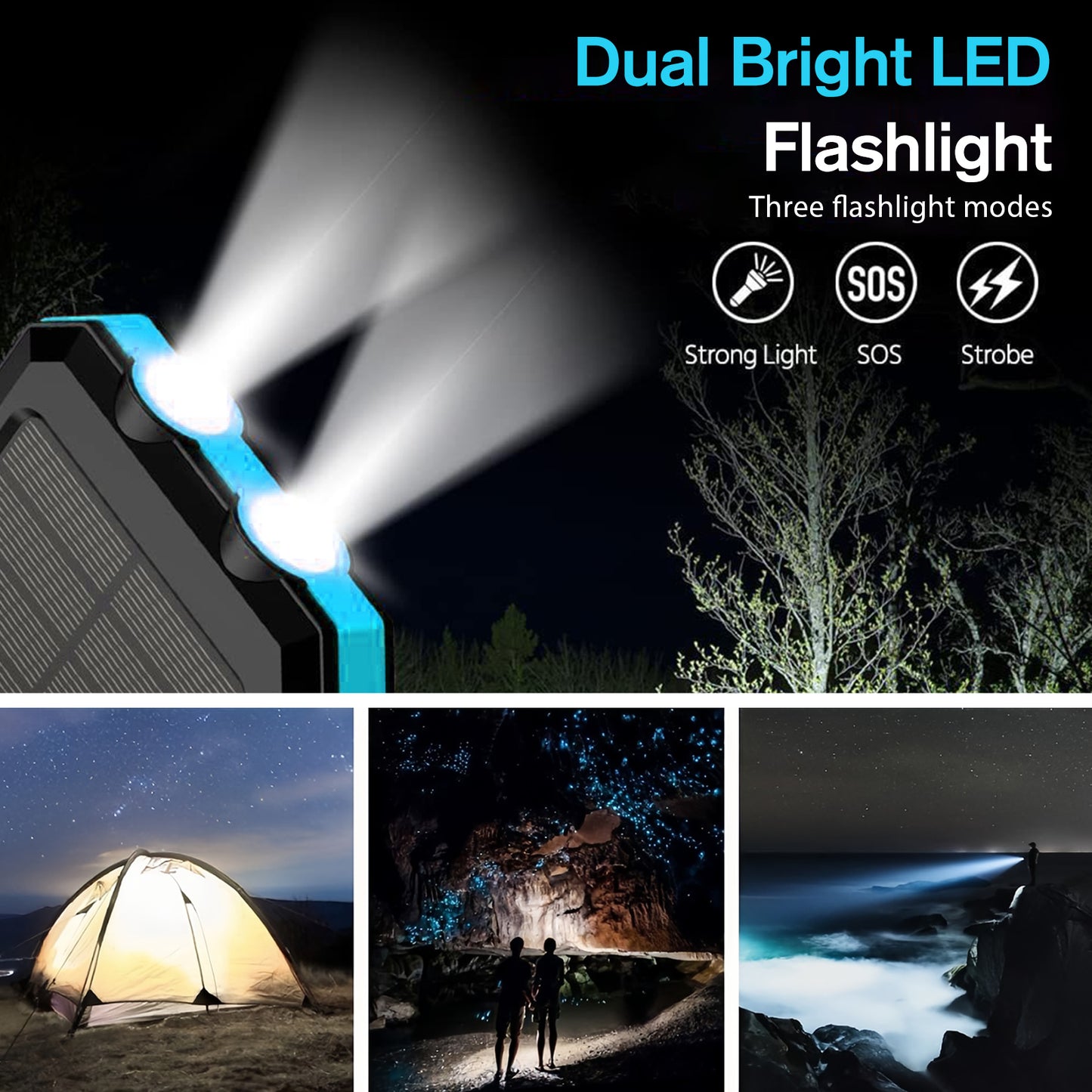 2PK BAOKALER 30000mAh Solar Charger for Cell Phone iPhone, Portable Solar Power Bank with Dual 5V USB Ports, 2 Led Light Flashlight, Compass Battery Pack for Outdoor Camping Hiking(Blue)