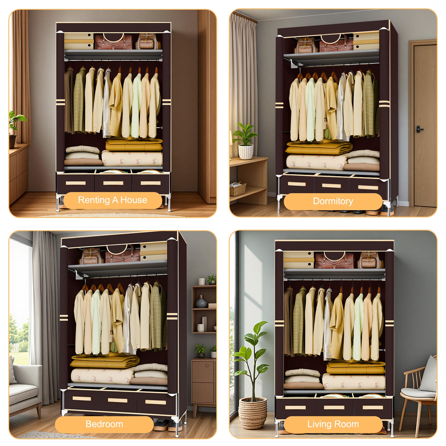 Wardrobe Closet with 3 Storage Drawers for Rentals, Dorms, Bedrooms, 67 Inches Tall hanging Closet Organizers and Storage with Hanging Space for Coats and Bags, Dark Coffee