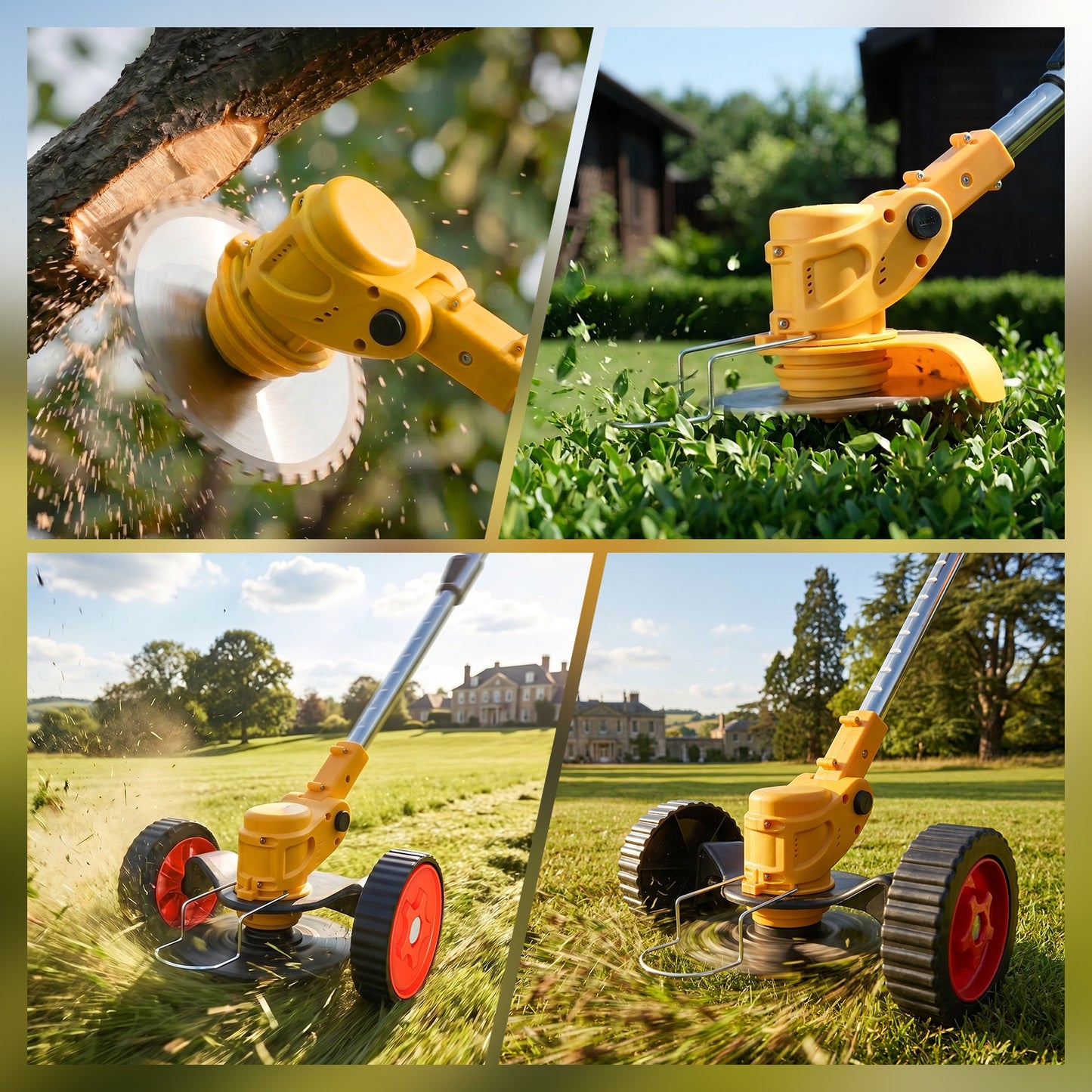Weed Eaters, Cordless Weed Trimmer with Wheels, 2Pcs 4000mAh Batteries, Adjustable Length, 650W Grass Trimmer/Edger/Brush Cutter for Lawn Yard Garden Maintaining (Yellow)