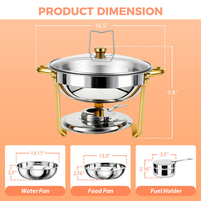 CATGOOD Chafing Dishes for Buffet 4 Pack, 5.3QT Round Chafing Dish Buffet Set for Parties, Gold Stainless Steel Buffet Servers and Warmers with 4 Serving Tongs