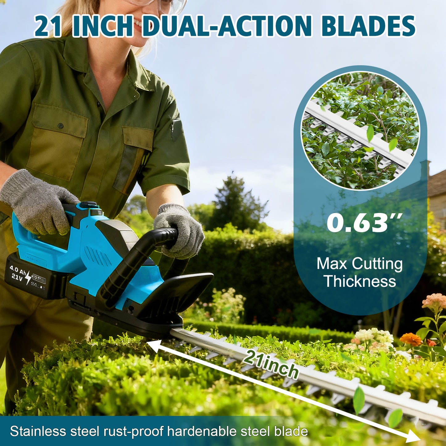 Baokaler 22" Cordless Hedge Trimmer, 21V Dual Action Blade Electric Bush Shrub Trimmer, 4.0Ah Battery & Charger, Blue