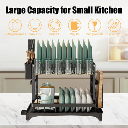 Over The Sink Dish Drying Rack with Drainage, Stainless Steel Large Multifunctional Dish Racks, Rustproof Dish Rack for Kitchen Counter Organization 2 Tier Black