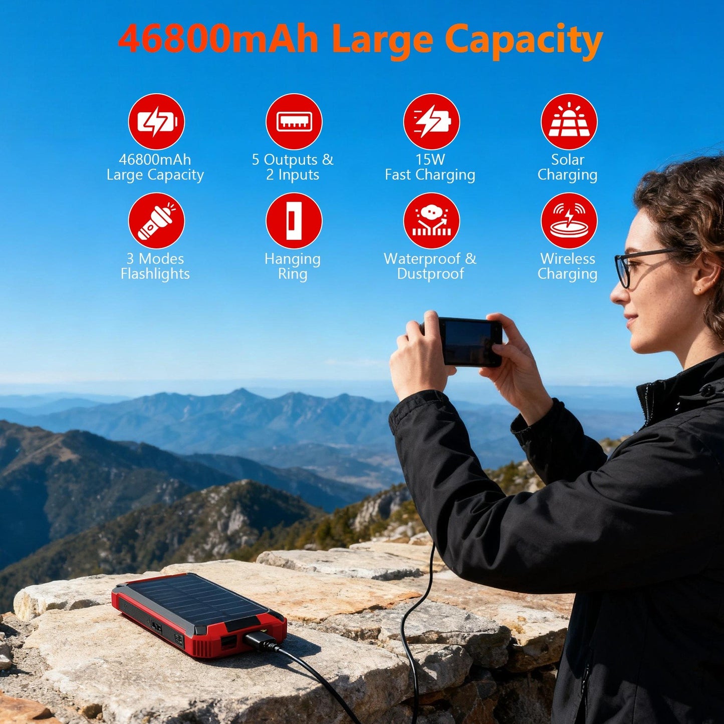 Power Bank Wireless Charger 46800mAh Built in 4 Cables Six Outputs 15W Fast Charging Power Bank for All Mobile Devices Three Inputs Solar Portable Charger with Dual Flashlights, Carabiner(Red)