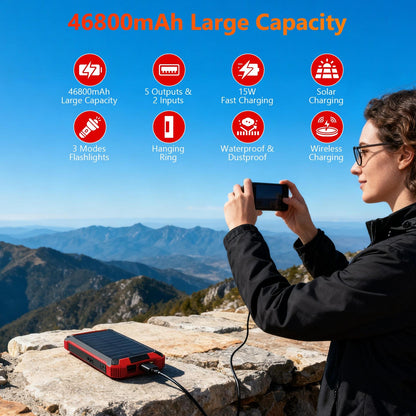 Power Bank Wireless Charger 46800mAh Built in 4 Cables Six Outputs 15W Fast Charging Power Bank for All Mobile Devices Three Inputs Solar Portable Charger with Dual Flashlights, Carabiner(Red)
