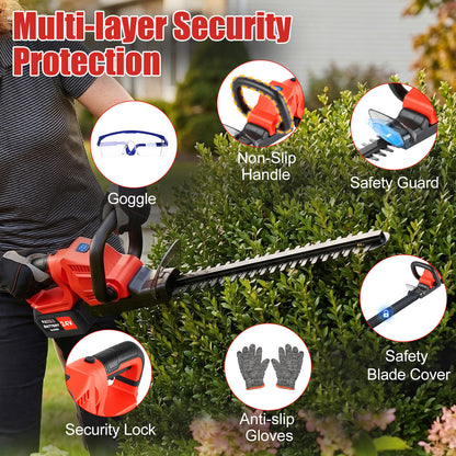 22" Cordless Hedge Trimmer, 21V Electric Hedge Trimmer with 2 x 4000mAh Batteries and Charger, Hedge Trimmer Cordless for Cutting and Trimming Bushes and Shrubs, Red