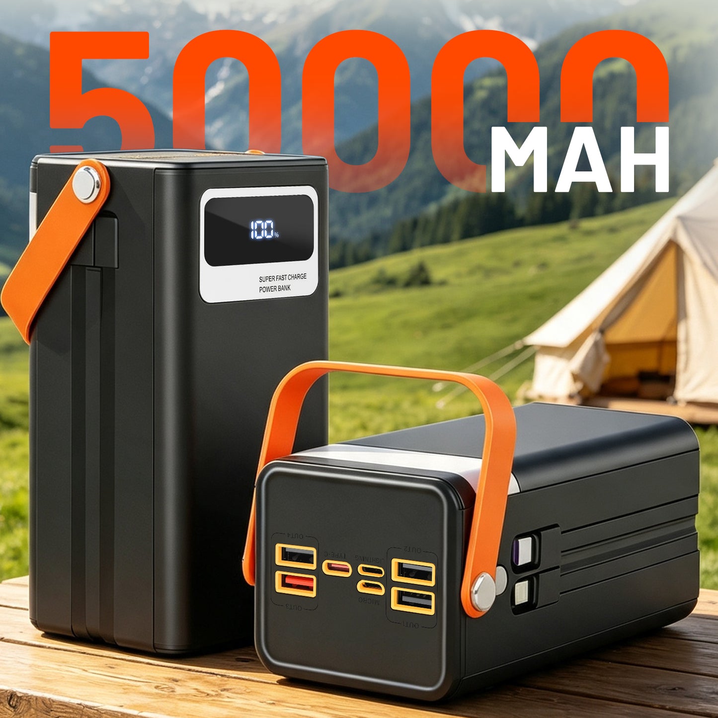50000mAh Solar Power Bank, 22.5W Fast Charging Power Bank with Built-in Cables, Solar Phone Charger & Solar Battery Charger, 7-Output 3-Input LCD Display, SOS Flashlight for Travel Hiking (Black)