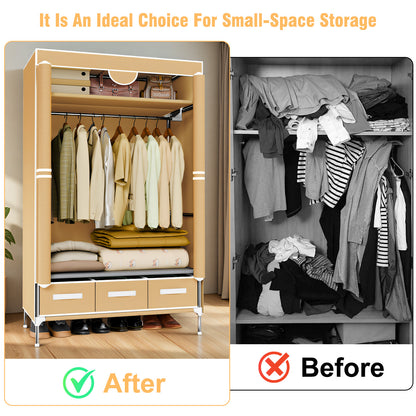 Non-Woven Fabric Closet Organizer for Coats and Bags, Portable Wardrobe Closet Includes 3 Storage Drawers for Home Bedroom, Sturdy & Easy to Assemble, Light Coffee