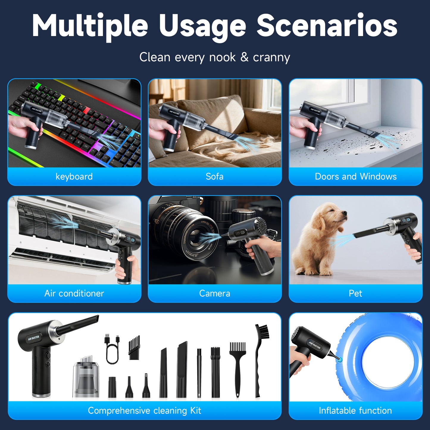 Compressed Air Duster, 120000RPM Mini Vacuum Cleaner Cordless, 3 Gear Adjustable Electric Air Duster/Car Vacuum Cleaner, Keyboard Duster with LED Light 13 Kits Air Blower for Computer