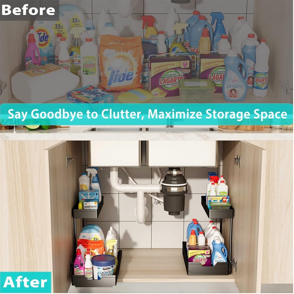 2-Tier Under Sink Organizers and Storage 2 Pack Sliding L-shape Under Bathroom Kitchen Cabinet Organizers Narrow Space Storage Multi-purpose for Bathroom Kitchen Drawer Black