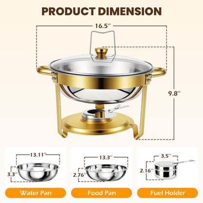CATGOOD 2 Pack with Tongs 6QT Round Chafing Dishes for Buffet, Buffet Servers & Warmers with Glass Lids & Gold Stands, Thickened Edge, Side Lid Rest for Weddings