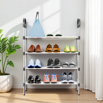 4-Tier Shoe Rack Organizer, Metal Shoe Storage Stand for Entryway, Hallways, Bedrooms, Bathrooms, Offices, and Living Rooms, Silver and Black