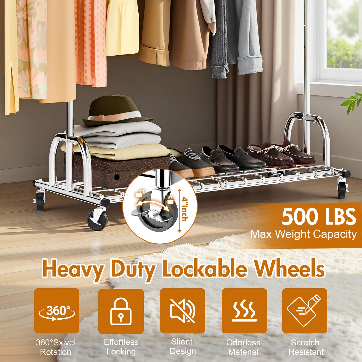 Baokaler 500 lbs Clothing Rack Heavy Duty Hanging Rack with Shelves Collapsible Clothes Racks on Wheels Rolling Garment Rack for Hanging Clothes Portable Adjustable, Chrome Finish