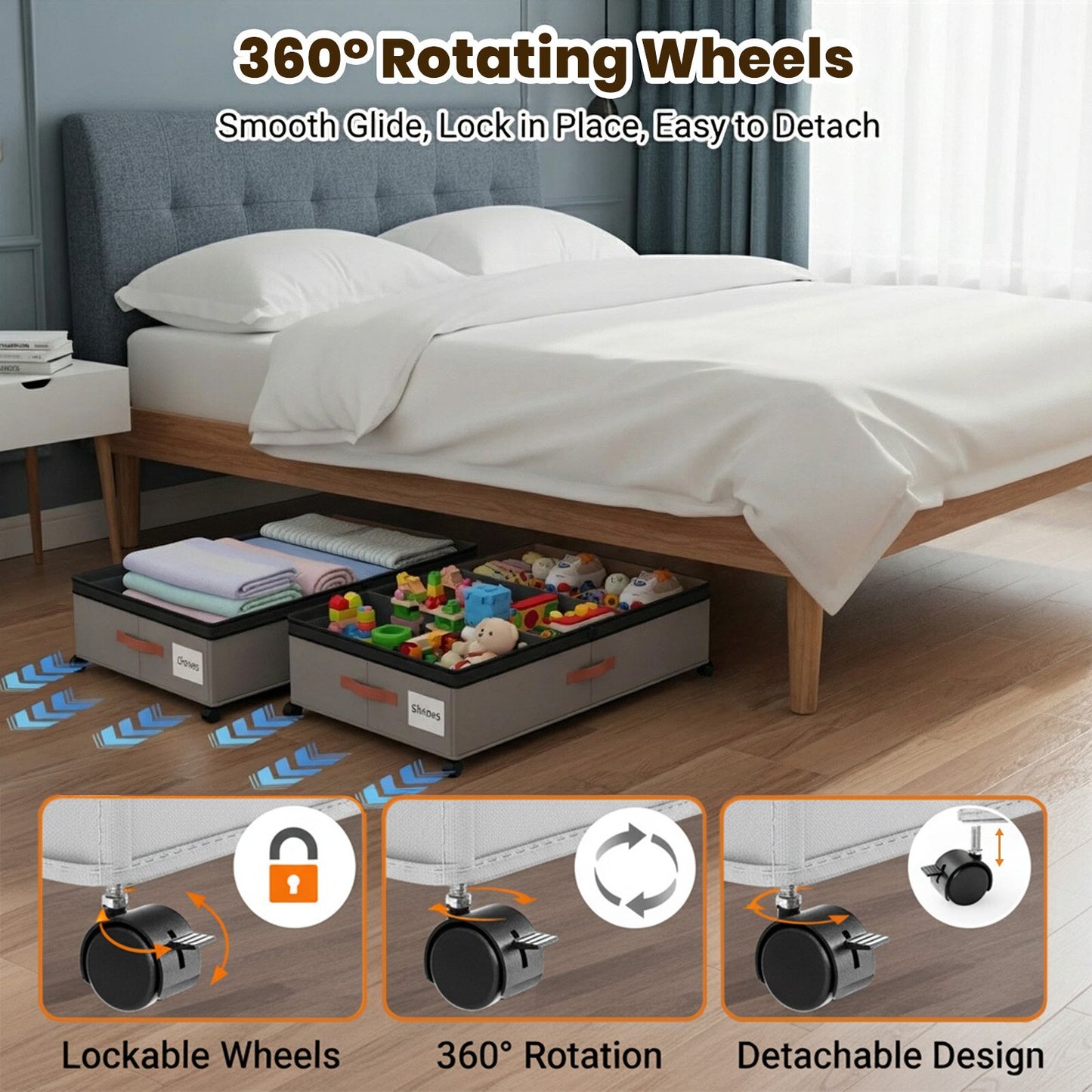 Under Bed Storage with Wheels 2-Pack, 65L XXL Under the Bed Storage Containers Large, 12" Tall Adjustable Storage for Underbed with Lids, Rolling for Shoes, Clothes, Blankets (Gray)