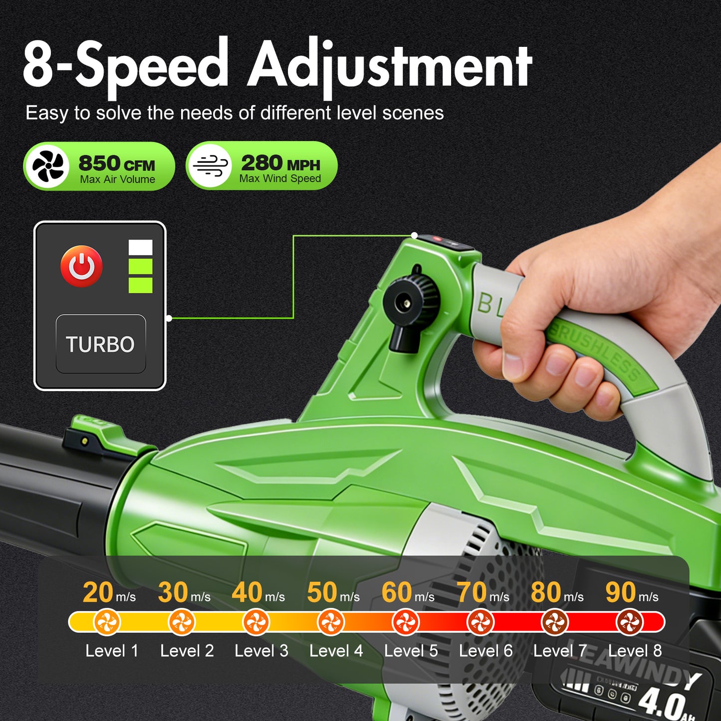 Cordless Leaf Blower, 200 MPH 850 CFM Electric Blower with 8 Speeds, 2¡Á4.0AH Batteries and Charger, Lightweight for Yard, Patio and Dust Cleaning