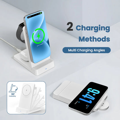 Magnetic Wireless Charger,3 in 1 Portable Charger Charging Station Compatible for iPhone 17 16e 16 15 14 13 12 11 X Pro Max & iWatch-Wireless Charging Dock for AirPods 4 3 Pro,White