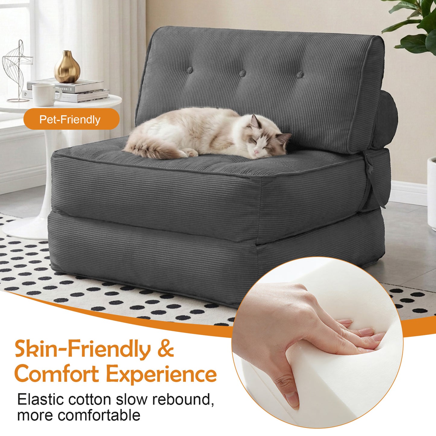 CATGOOD Single Sofa Bed with Pillow, Convertible Sleeper Sofa for Small Spaces, Portable Boneless Small Couch Comfy Floor Sofa Lounge Chair for Living Room, Bedroom, Gray