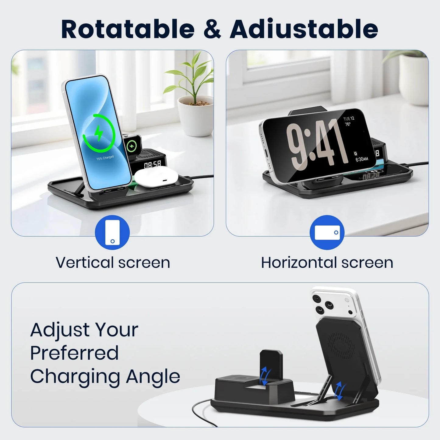 Magnetic Wireless Charger for iPhone,6in1 Portable Charger Phone Charging Station for iPhone 17 16 15 14 13 12 11 Pro Max Apple Watch AirPods,Maggsafe Charger Stand,Black